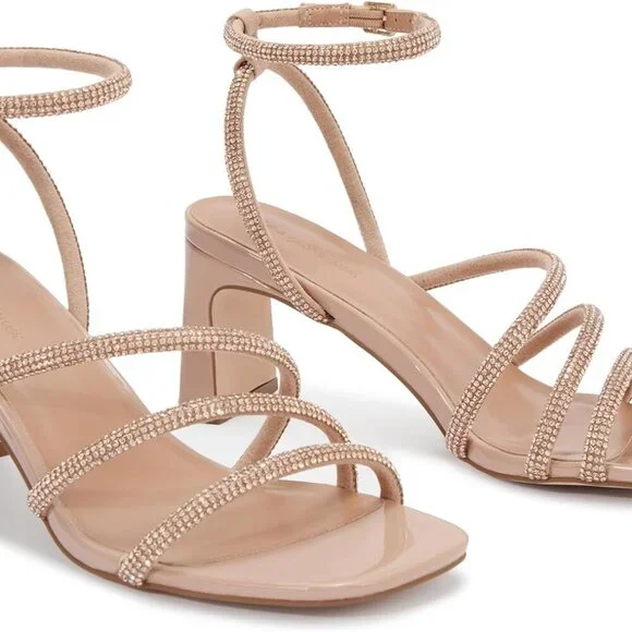 Womens Rhinestone Sandals Ankle Strap Square Toe Dressy Heels for Party Wedding